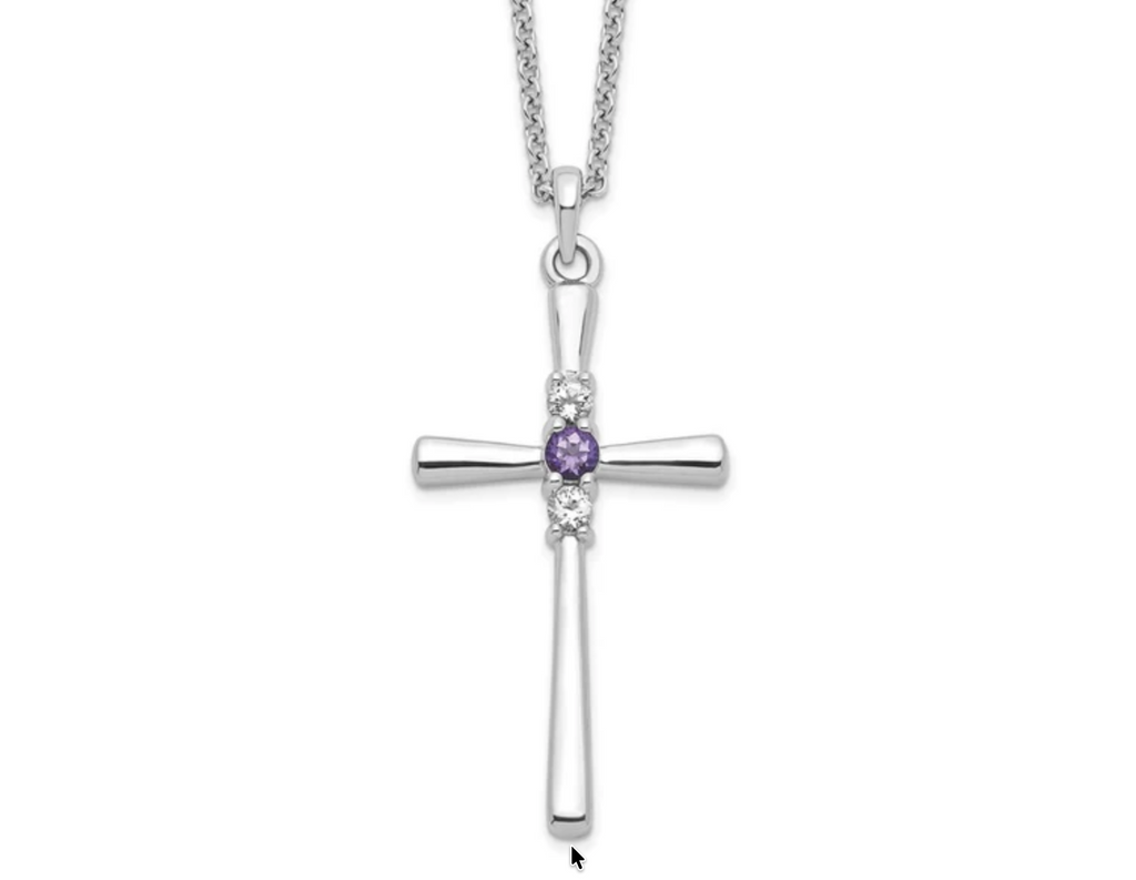 Sterling Silver Survivor Clear & Purple Swarovski Topaz Faith Cross Necklac-WBC-SV213SSPU-16