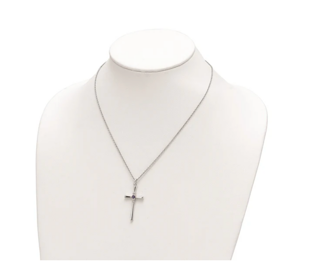 Sterling Silver Survivor Clear & Purple Swarovski Topaz Faith Cross Necklac-WBC-SV213SSPU-16